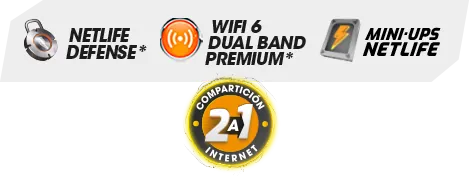 Incluye Netlife Defense, Wifi 6 Dual Band Premium, Mini UPS Netlife y compartición 2:1
